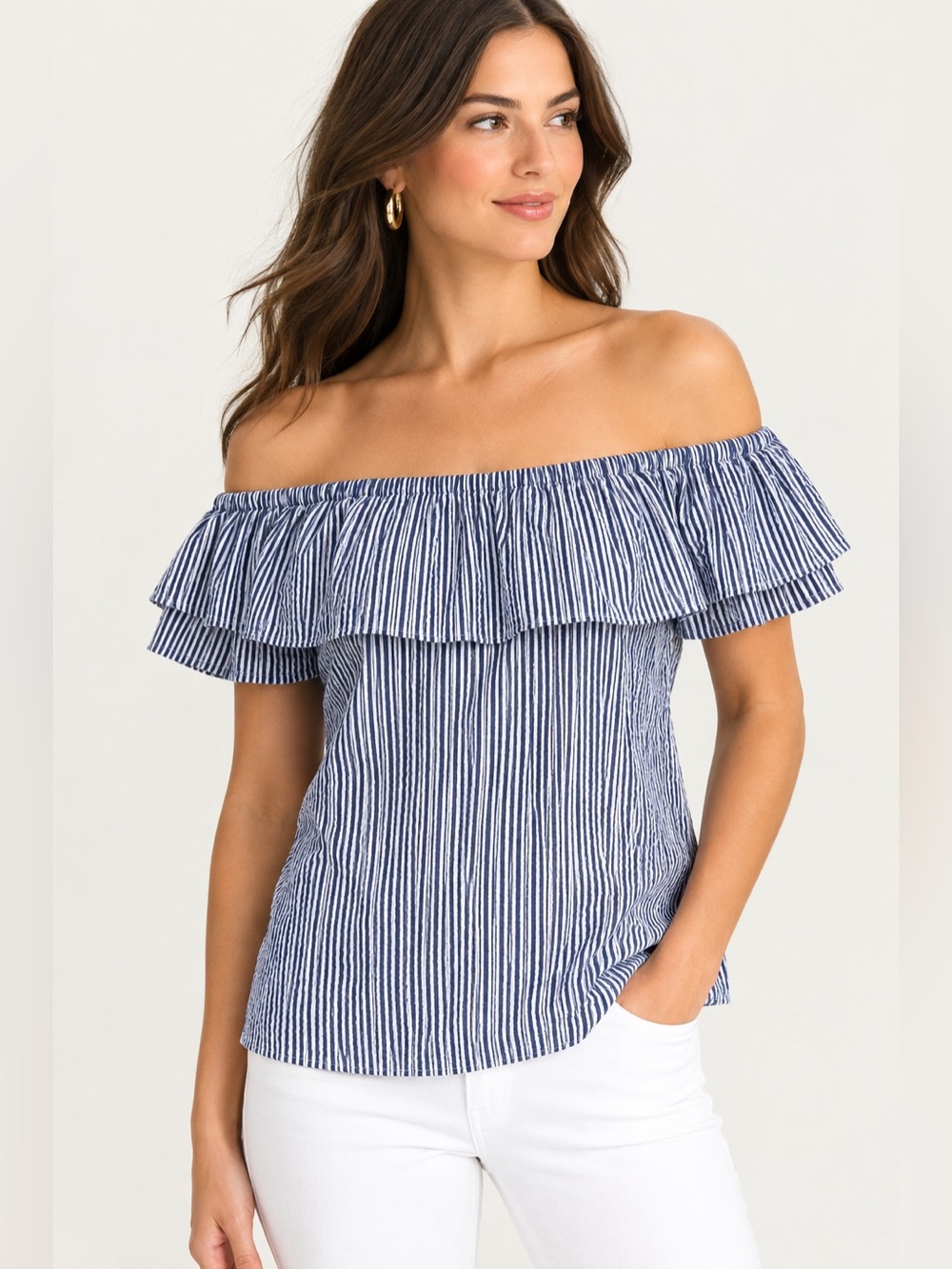 Halston off the shoulder blue and white striped boho nautical peasant top XS